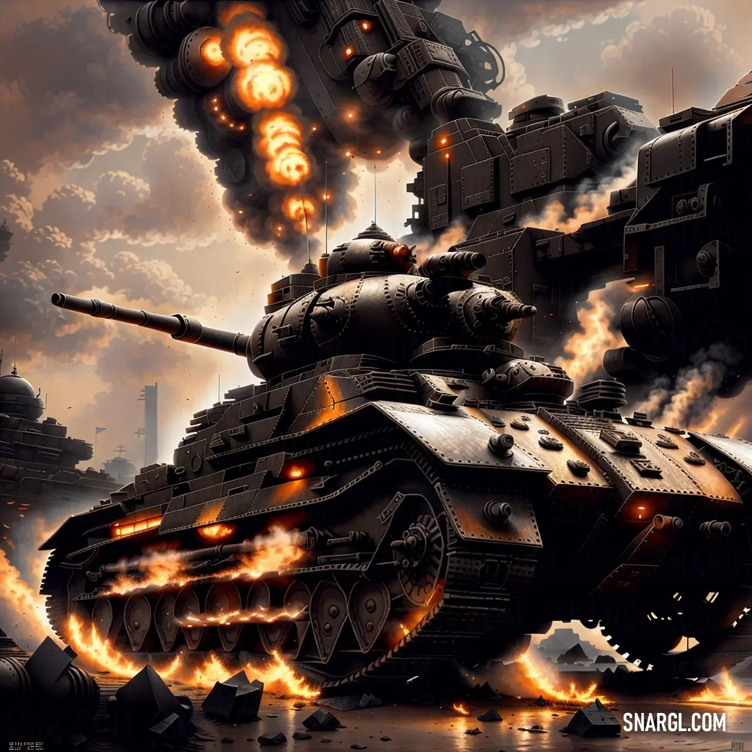 A tank with fiery flames erupting from its turret rolls through a dynamic scene, its fiery display contrasting against a muted background.