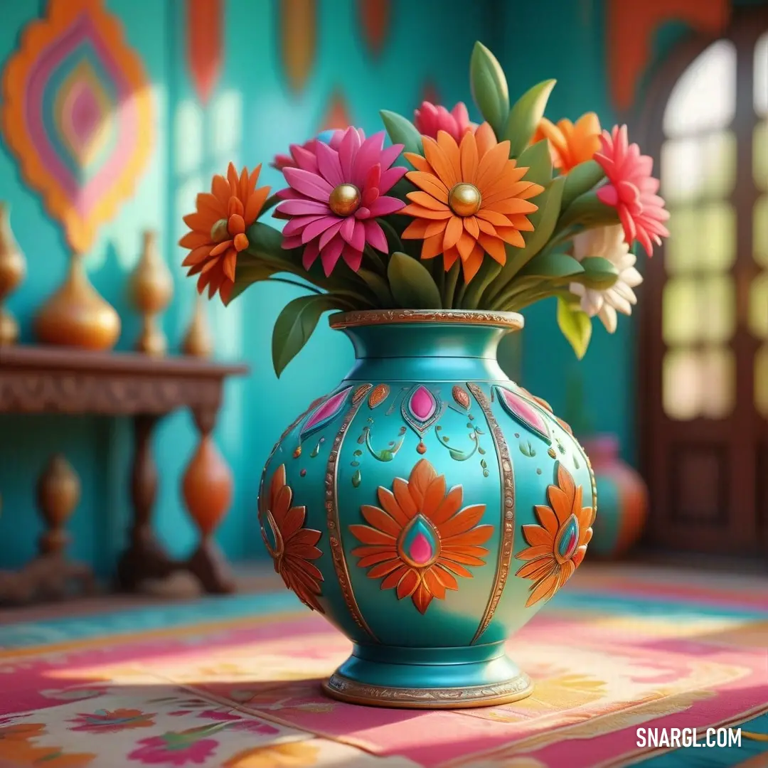Vase with flowers in it on a table in a room with a rug and a window in the background. Color #E9692C.