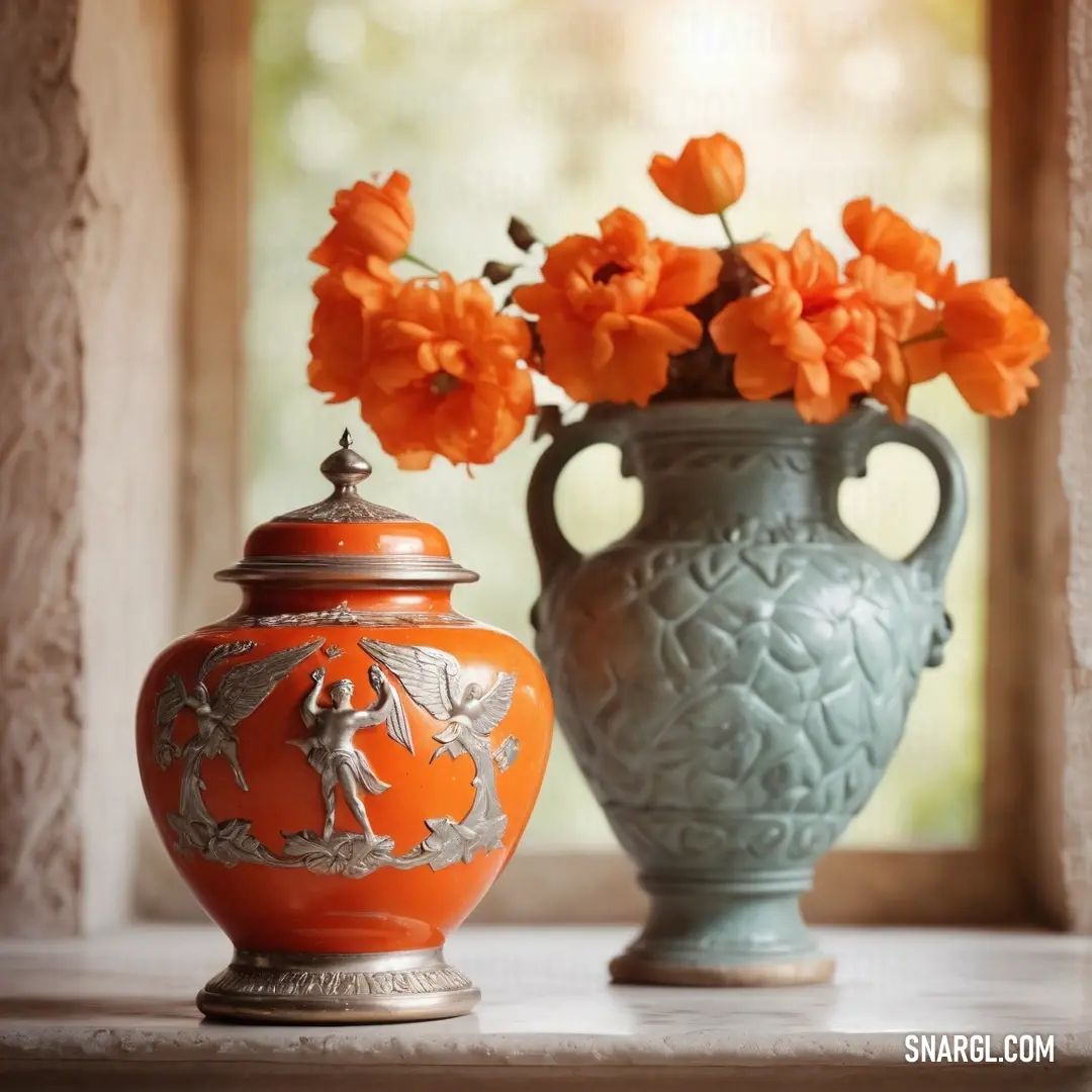 A beautifully arranged vase filled with vibrant orange flowers placed on a table beside a window sill, bathed in natural light that highlights the deep carrot orange color of the flowers, creating a fresh and inviting atmosphere.