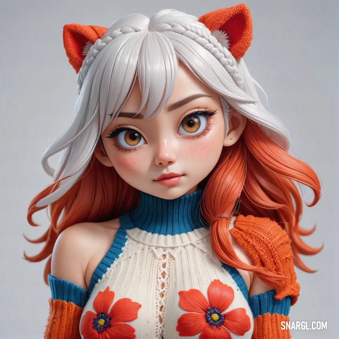 Doll with long hair and a cat ears on her head. Color CMYK 0,55,81,9.