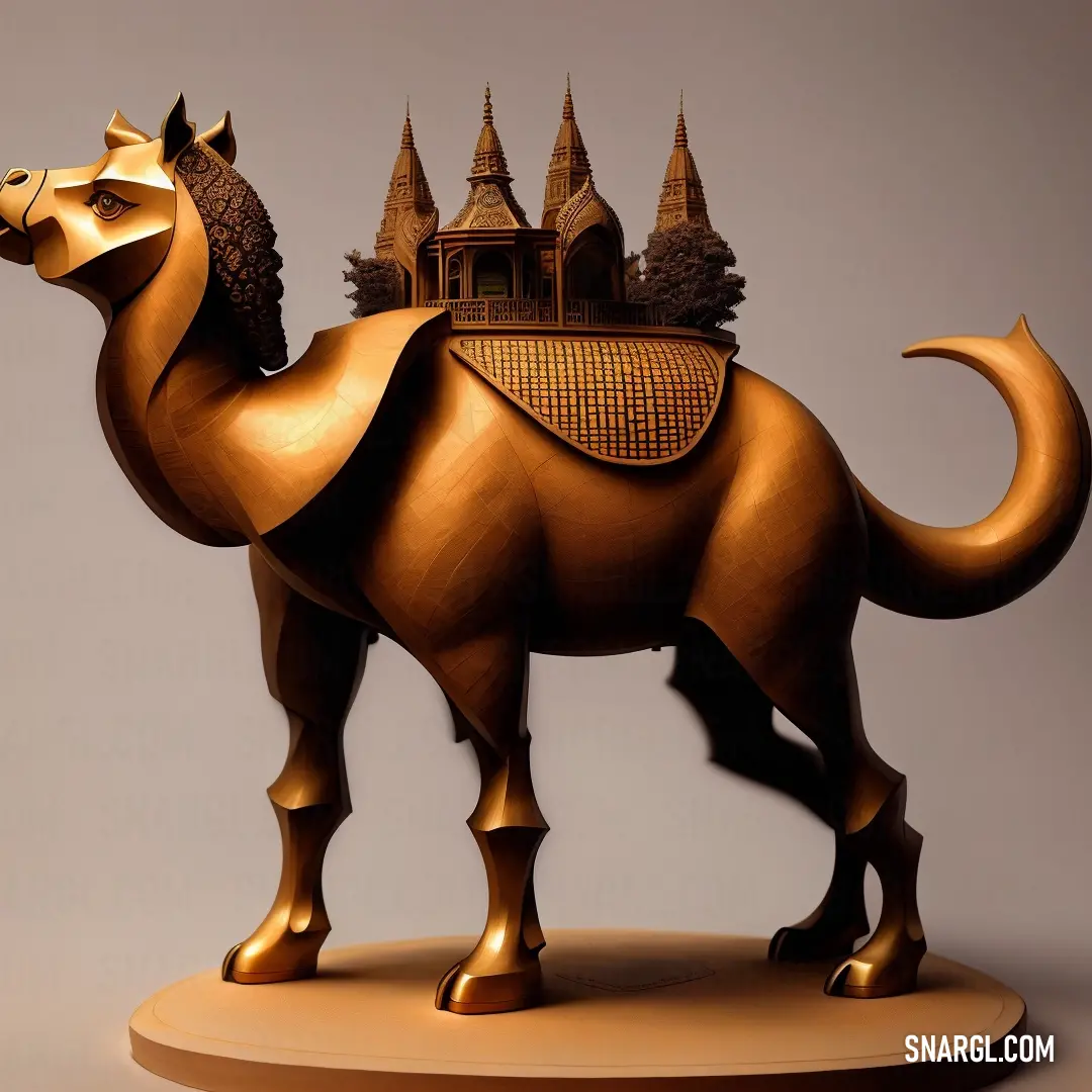 A golden camel statue standing tall with a majestic castle towering in the background. The camel shines with intricate detailing, while the vibrant castle adds an air of historical grandeur. The warm orange hue of the scene makes it feel like a sunset mom