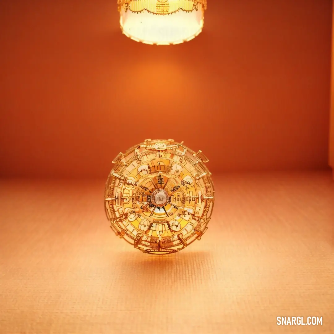 Golden object on top of a table under a light fixture on a wall next to a lamp shade
