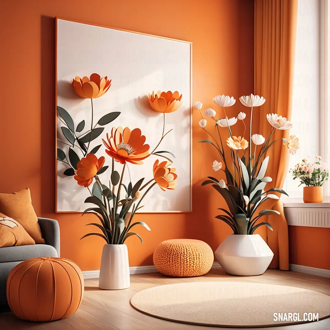 A cozy living room with orange walls, a white rug, and a colorful painting on the wall. The vibrant deep carrot orange shade fills the room, creating a warm, inviting atmosphere perfect for relaxation.