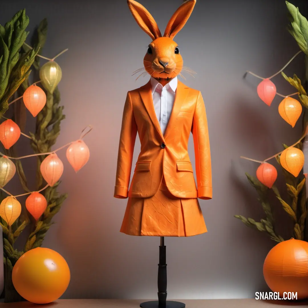 Mannequin dressed in an orange suit and tie with a rabbit head on it's head. Example of #E9692C color.