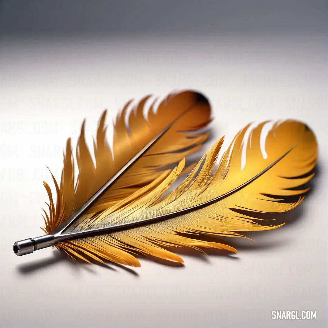 A pair of golden, iridescent feathers delicately placed on a smooth surface, their deep carrot orange color glowing subtly under soft lighting. The texture of the feathers contrasts with the simplicity of the table they rest on.