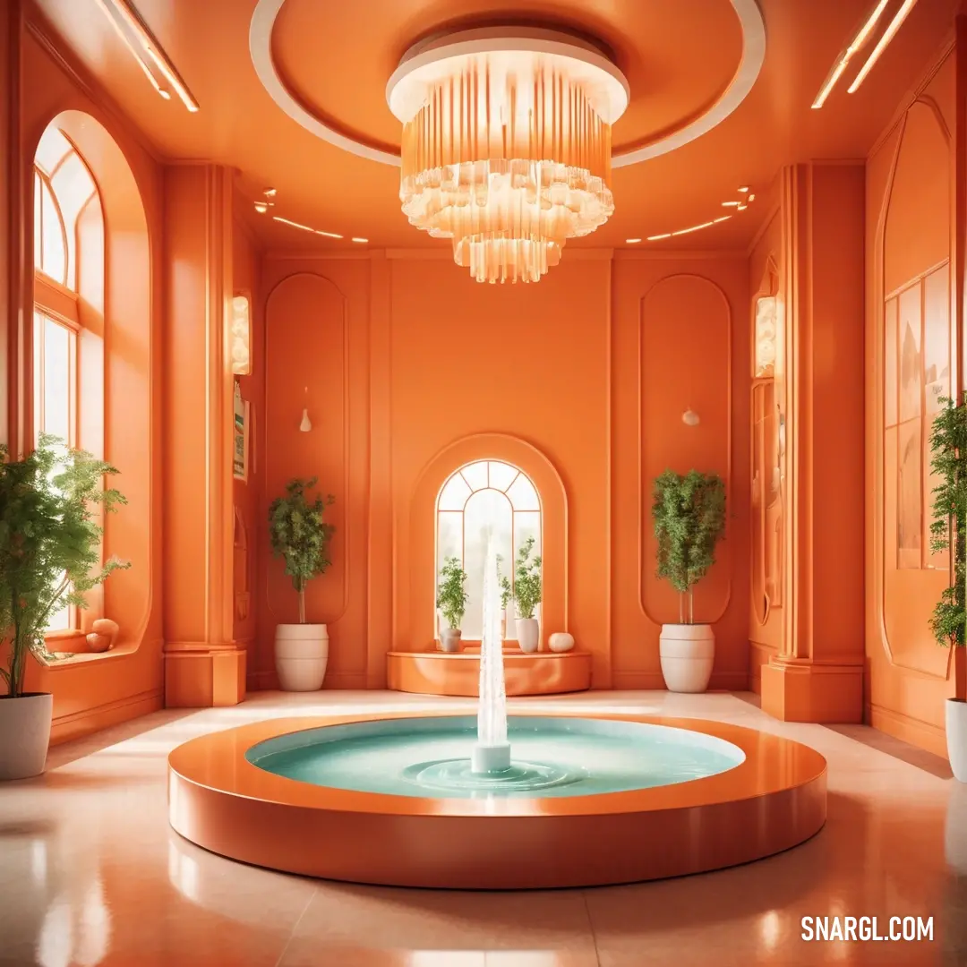 A peaceful room featuring a charming fountain surrounded by potted plants, with a large chandelier hanging gracefully from the ceiling. The warm, earthy tone of the decor, in a striking orange hue, brings a cozy yet elegant atmosphere to the space.