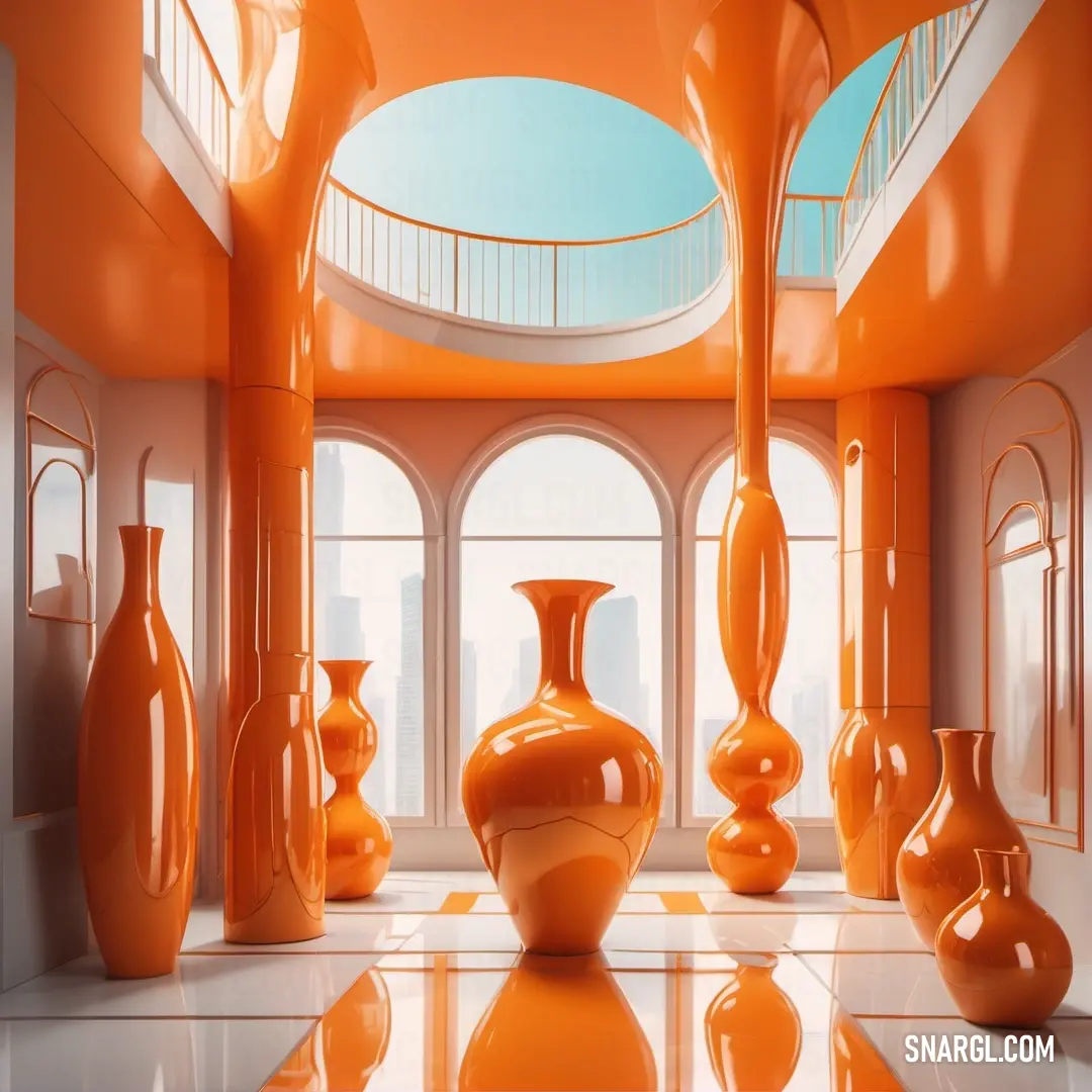 Room with a lot of orange vases on the floor and windows in the wall and ceiling. Color RGB 233,105,44.
