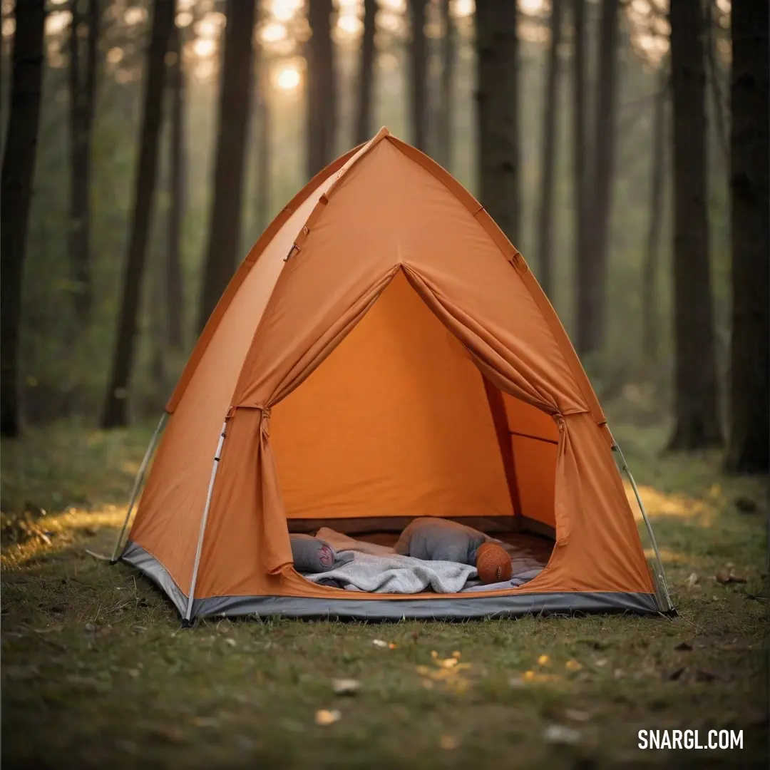 A cozy tent nestled in a serene wooded area, adorned with a soft blanket laid out on the ground. The scene is enveloped in a rich, deep carrot orange glow, creating an inviting and peaceful atmosphere.