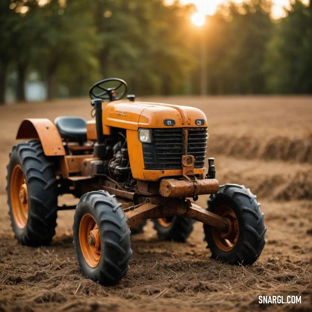 A vibrant green tractor, parked gracefully in an expansive golden field, creates a picturesque scene. Lush trees frame the background, providing a natural contrast that highlights this agricultural icon. Sunlight dances over the landscape, enhancing its i