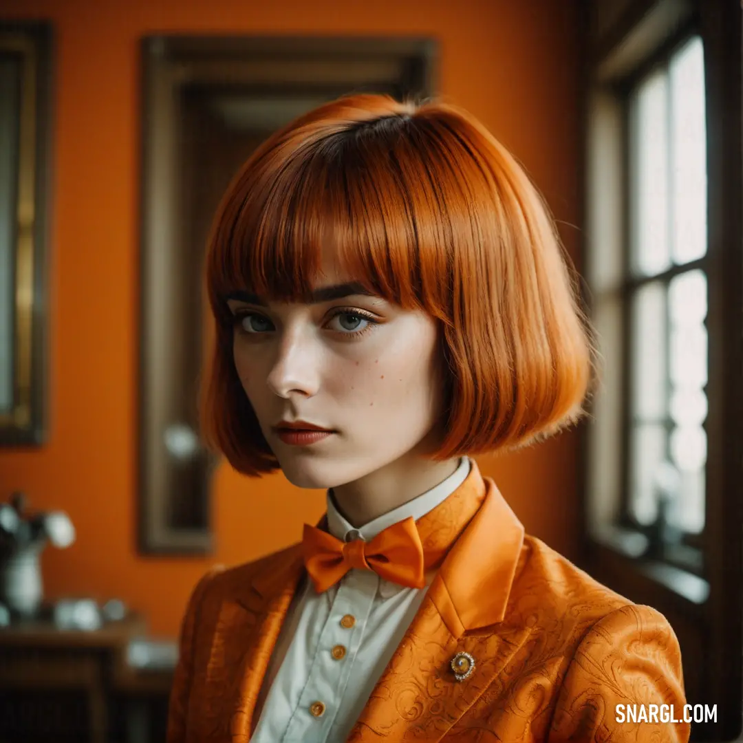 Woman with red hair wearing a orange suit and bow tie and looking at the camera with a serious look on her face