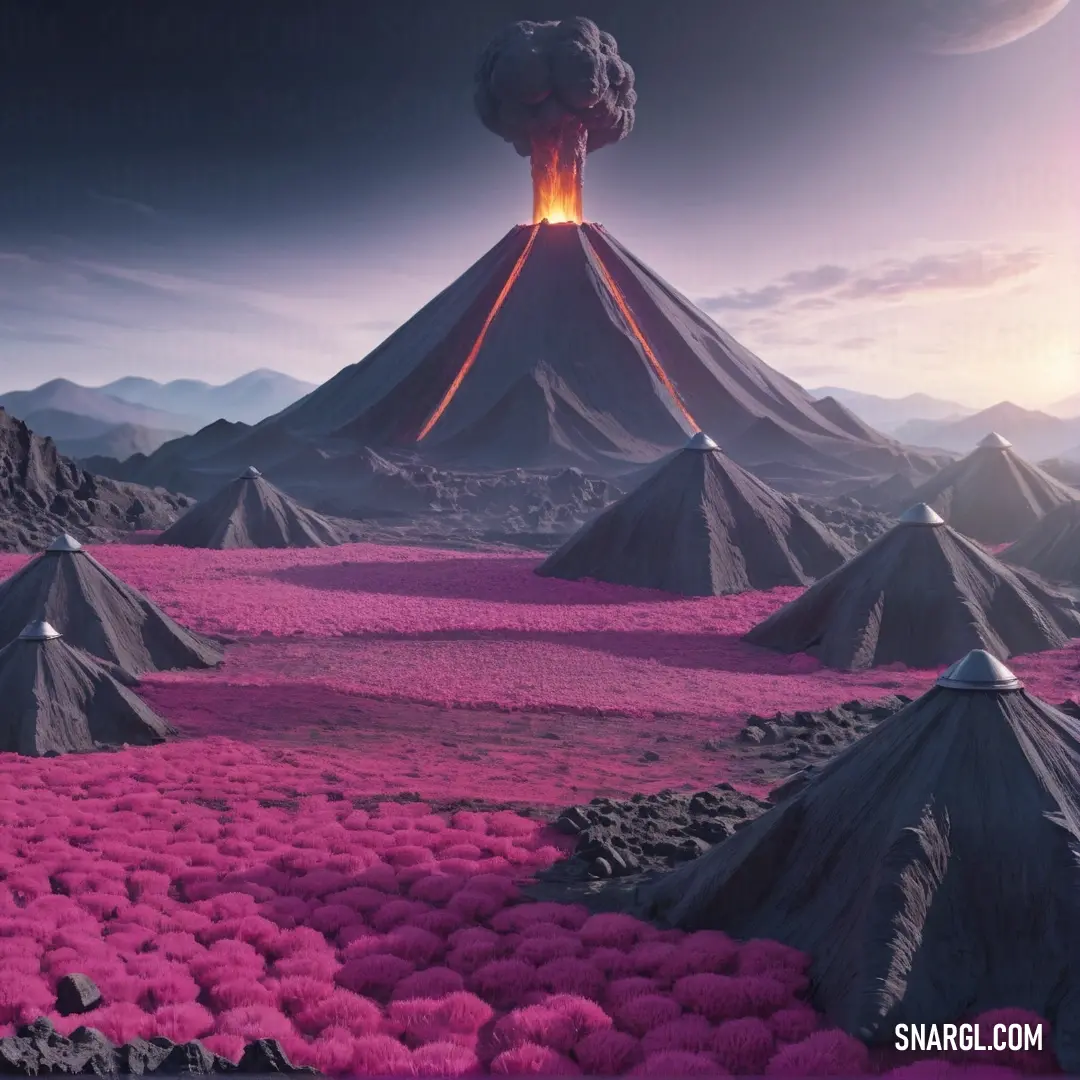 Computer generated image of a volcano with lava and lava surrounding it and a pink field of flowers in the foreground