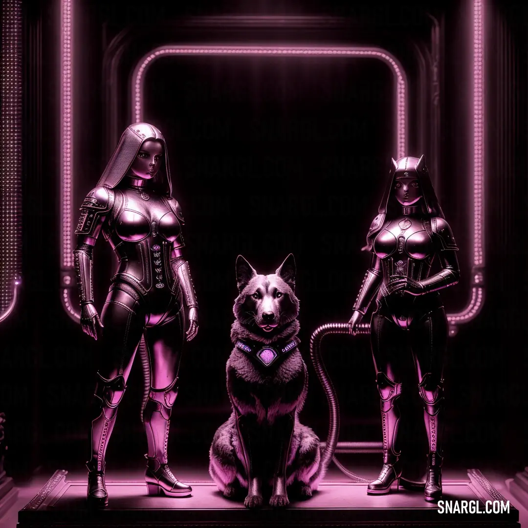Deep cerise color. Dog next to two people in futuristic outfits and a dog on a stool in front of them