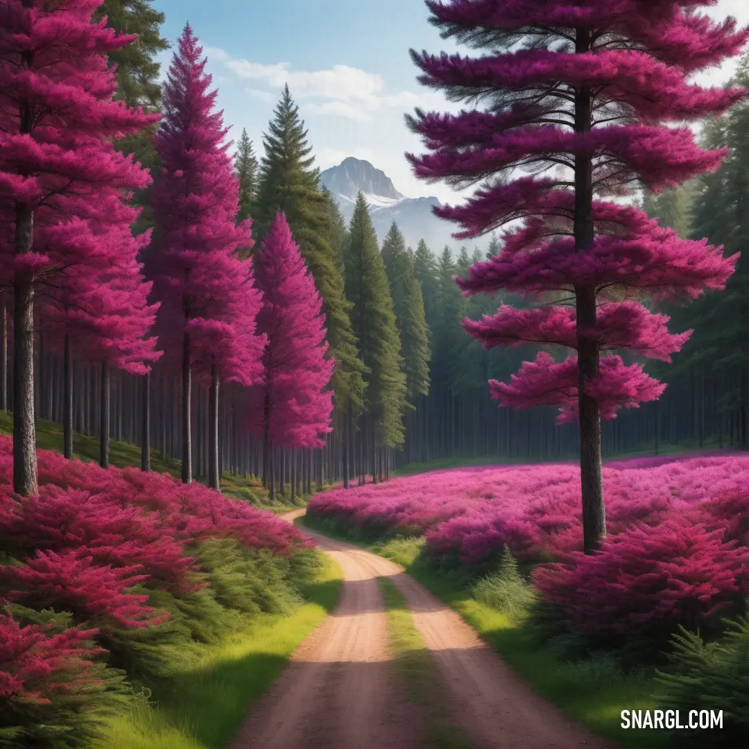 Painting of a dirt road in a forest with pink flowers and trees on both sides of the road. Example of Deep cerise color.