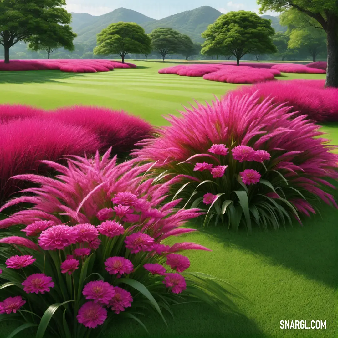 Painting of pink flowers and grass in a park setting with mountains in the background. Example of RGB 218,50,135 color.