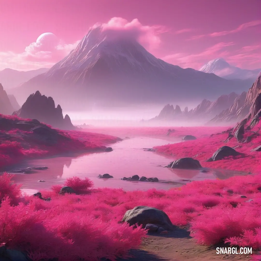 Pink landscape with a mountain in the background. Color CMYK 0,77,38,15.