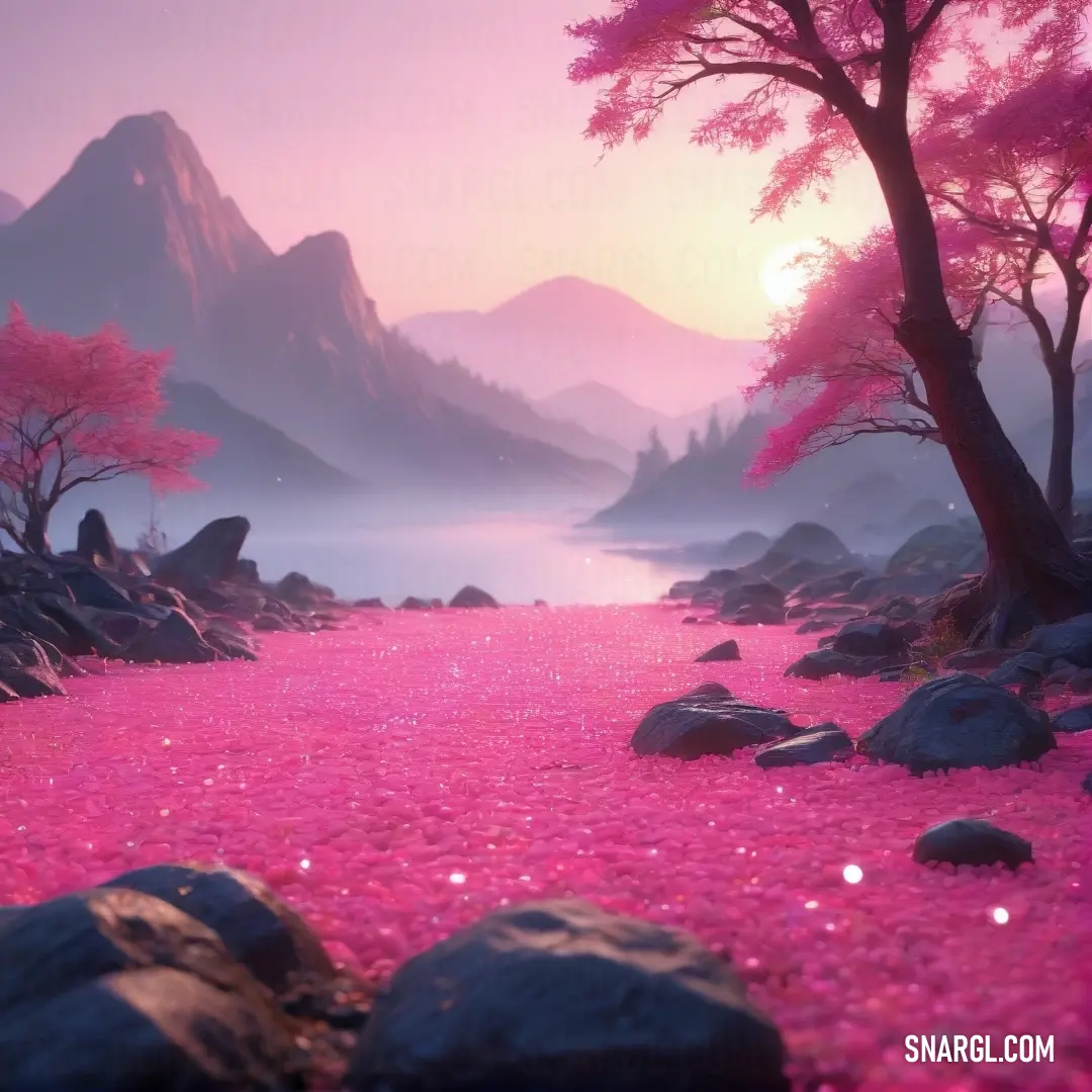 Deep cerise color example: Pink landscape with rocks and trees in the foreground