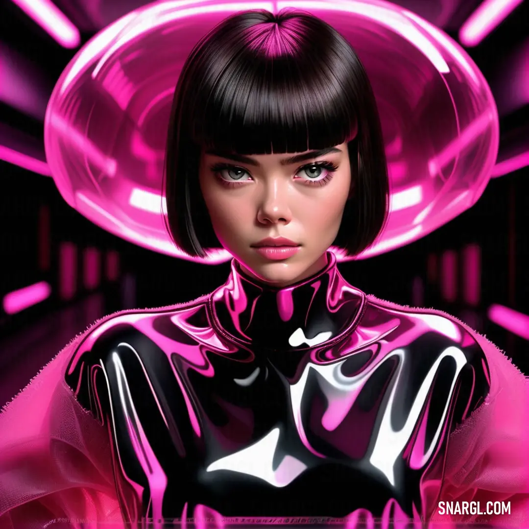 Woman in a futuristic suit with a pink background. Color #DA3287.