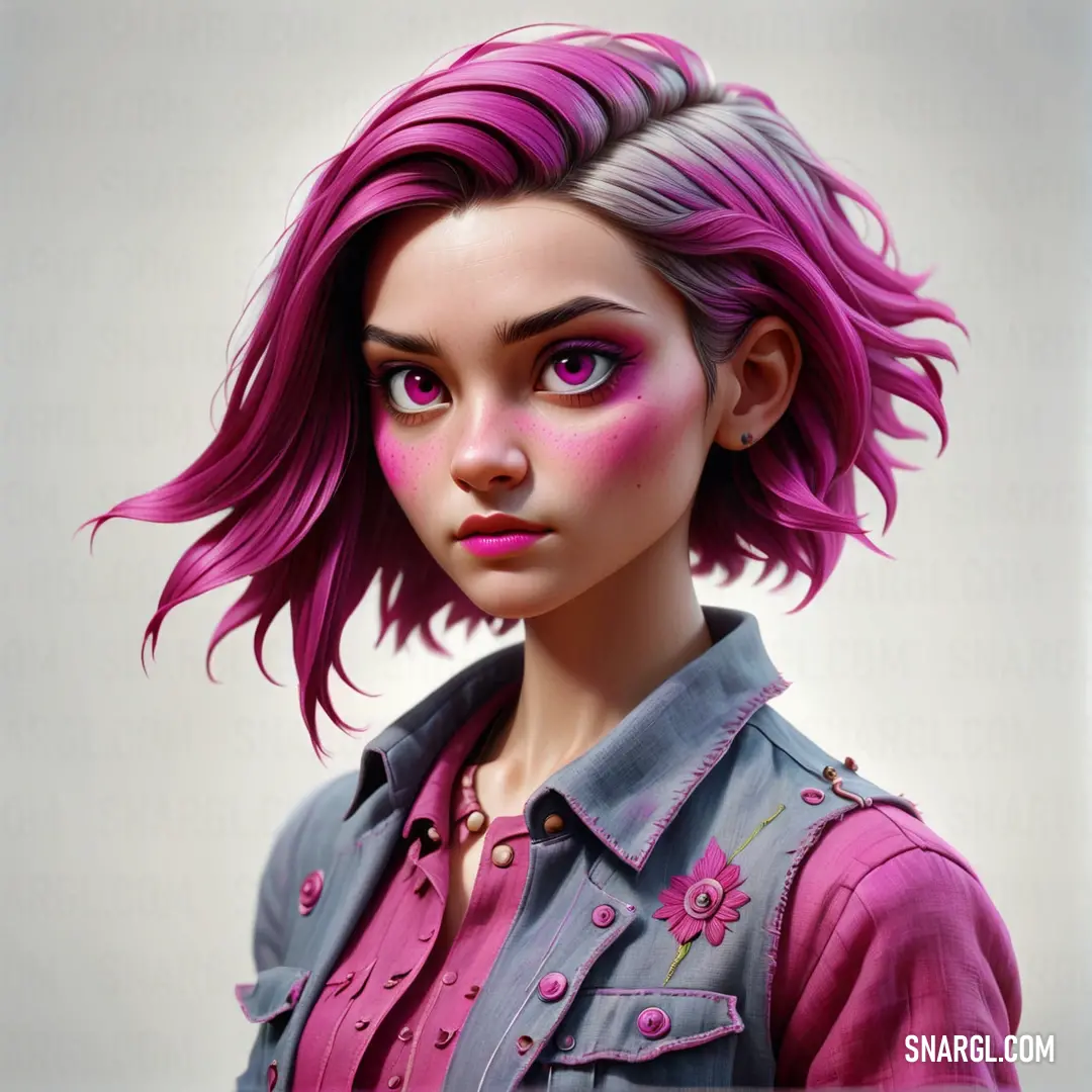 Digital painting of a woman with pink hair and purple eyes and a pink shirt on her shirt is looking at the camera
