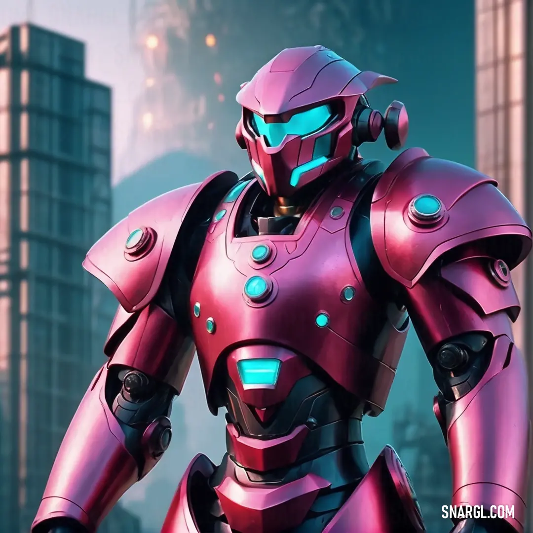 Deep cerise color example: Robot standing in front of a city skyline with skyscrapers in the background