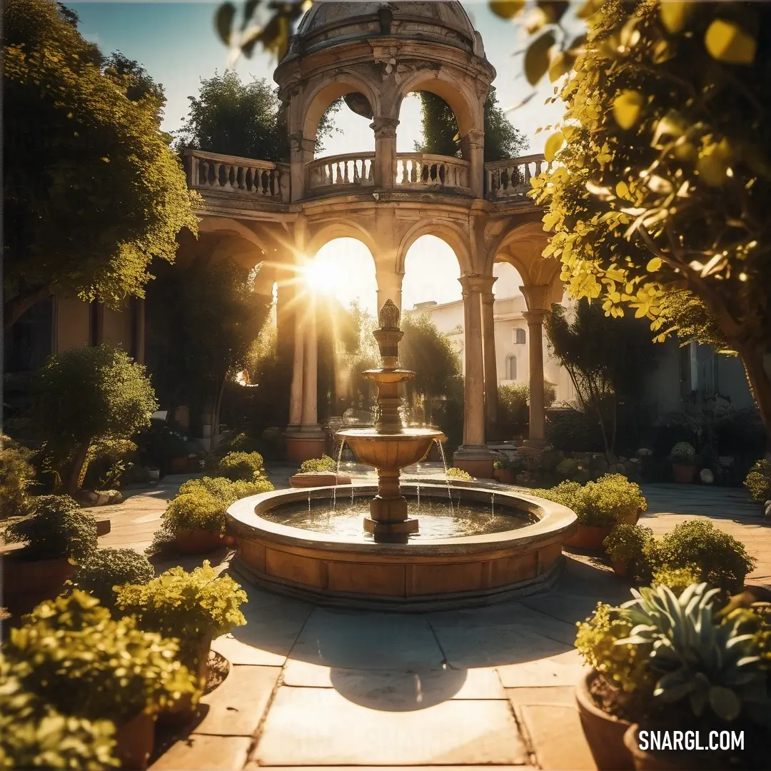 Deep champagne color example: Fountain in a courtyard with a sun shining through the window behind it and a building in the background