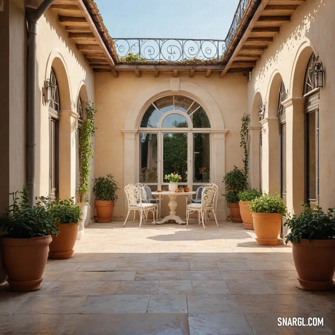Patio with a table and chairs and potted plants on the side of it. Color Deep champagne.