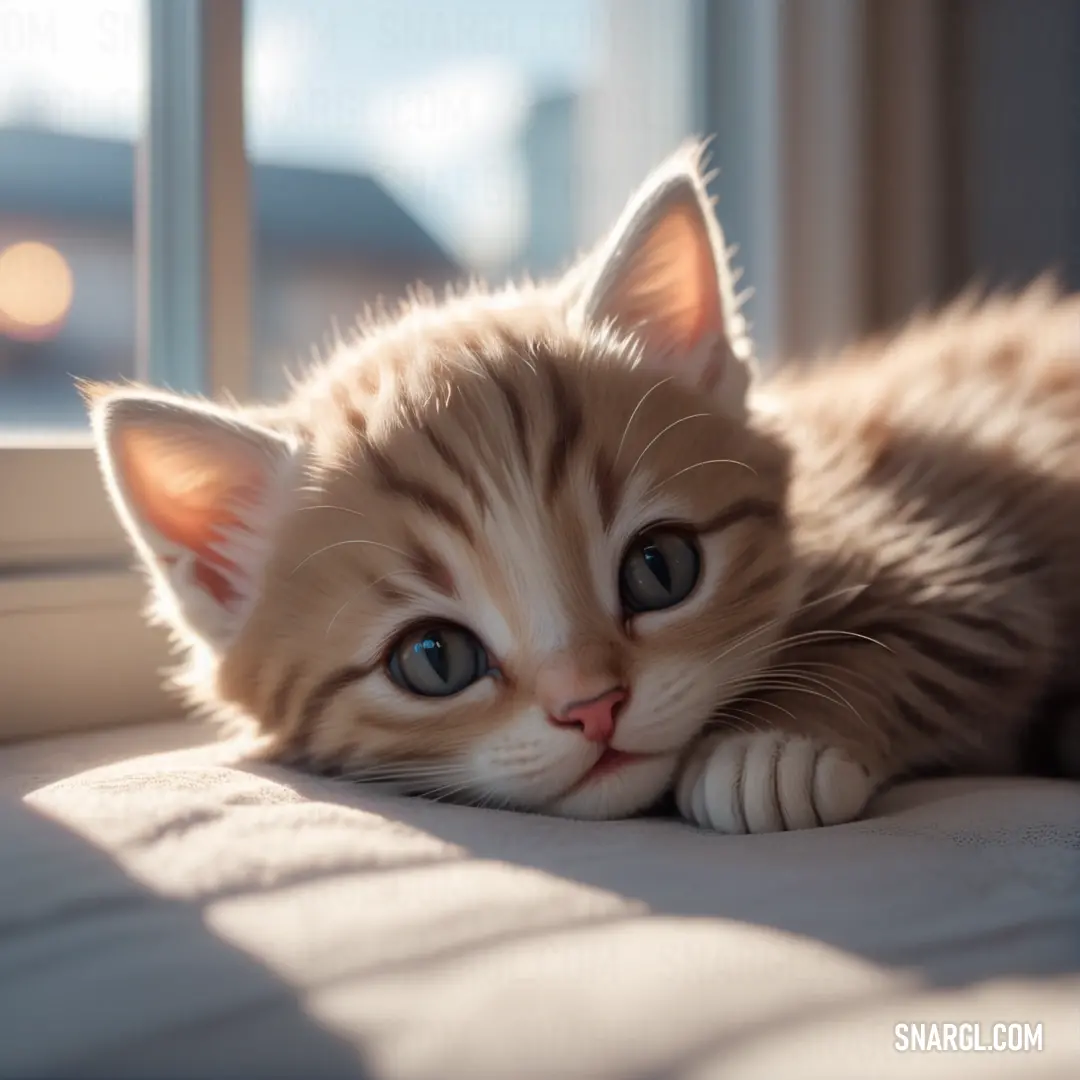 Kitten laying on a bed next to a window with a bright light coming through it's windowsill. Color RGB 250,214,165.