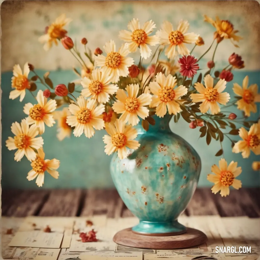 Vase filled with yellow and red flowers on a table next to a wall and a clock on a wooden table. Color Deep champagne.