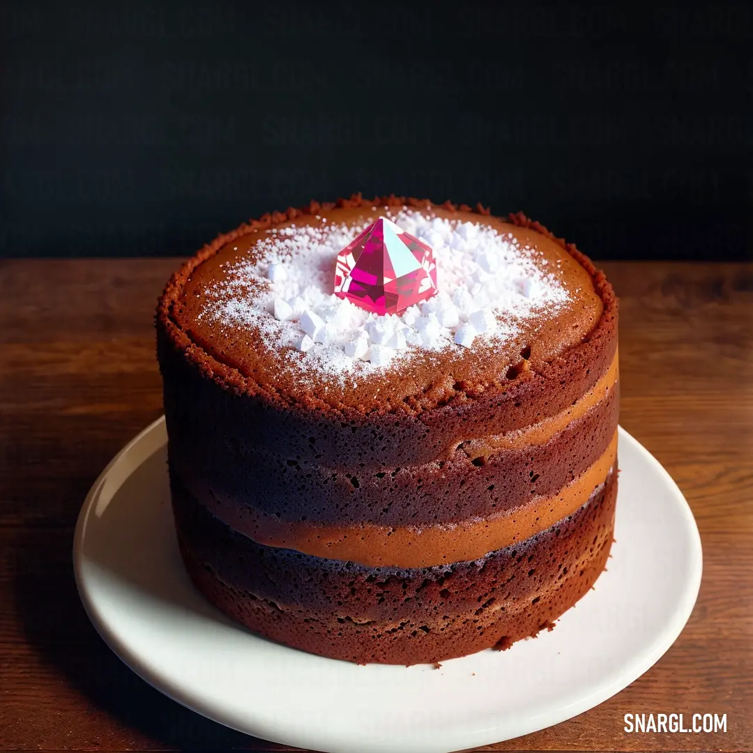 Chocolate cake with a pink diamond on top of it on a plate on a table with a black background