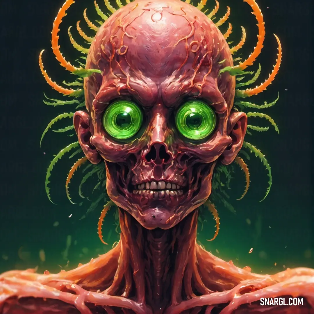 Deep chestnut color. Creepy looking alien with green eyes and tentacles on his head and chest