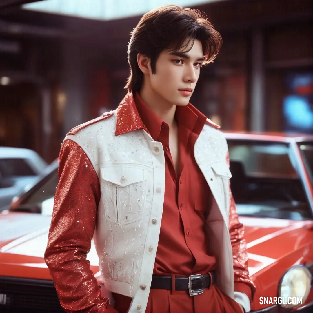 Man in a red shirt and white jacket standing next to a red car in a parking lot. Color CMYK 0,58,61,27.