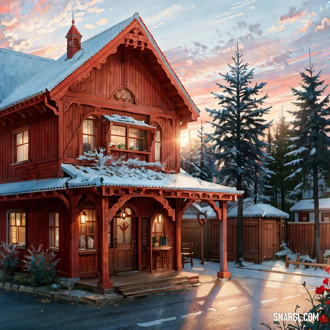 Red house with a snow covered roof and a red car parked in front of it at sunset