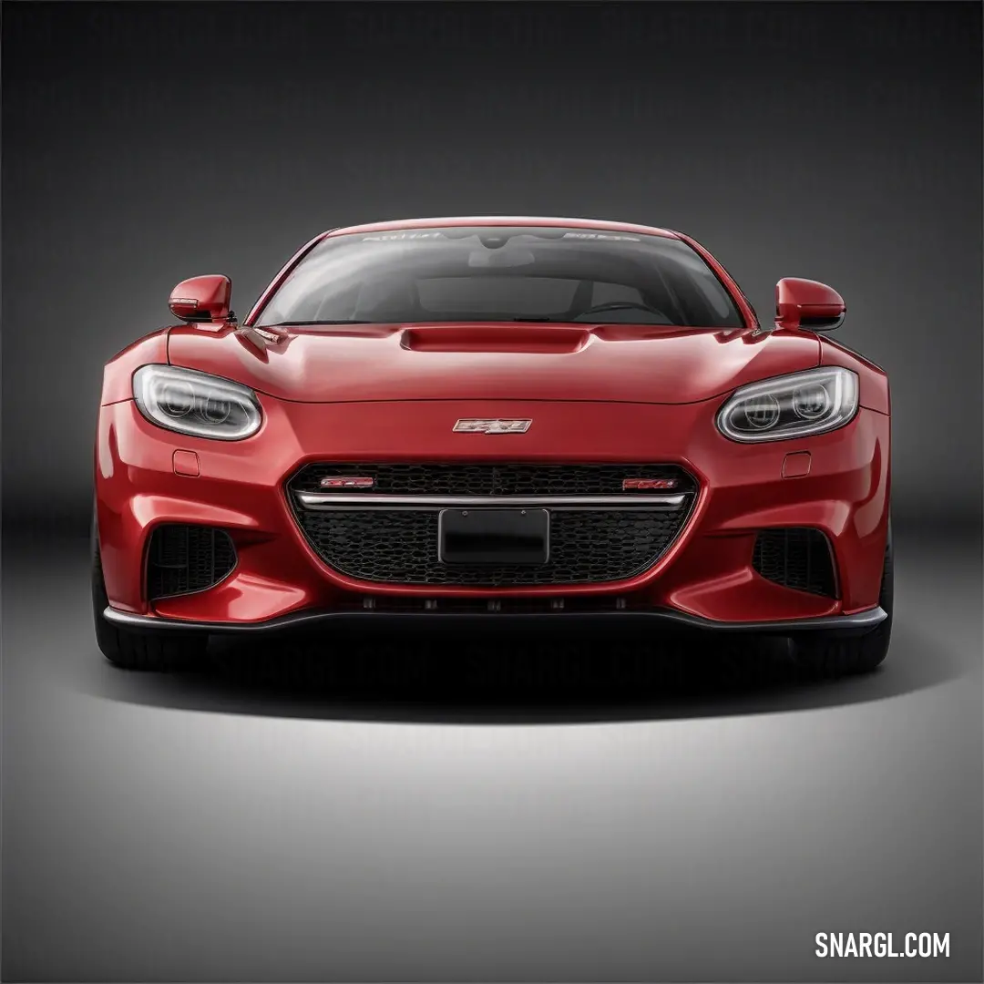 Red sports car is shown in a studio shot with a black background. Color CMYK 0,58,61,27.