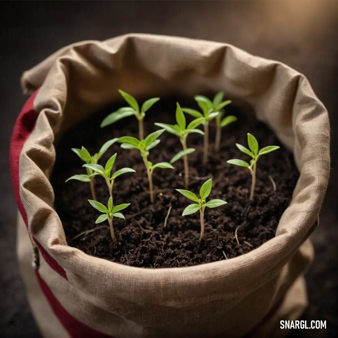 A beautifully arranged bag filled with soil, punctuated by small green plants flourishing in its center. Set against a simplistic tabletop, the composition celebrates nature's diversity and the serene beauty of life sprouting from humble beginnings.