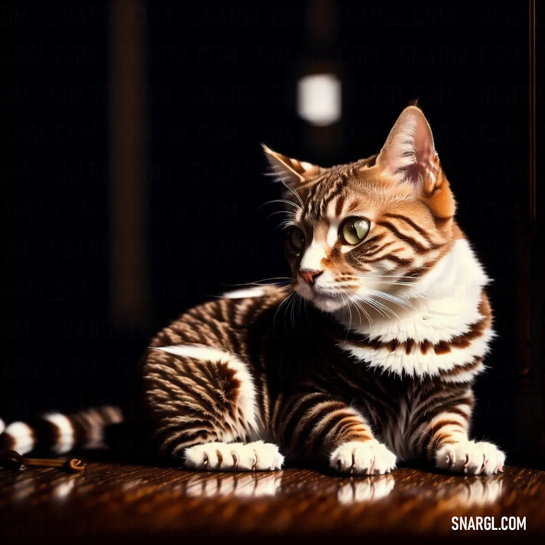 Cat on a table looking at the camera with a black background and a white stripe on it