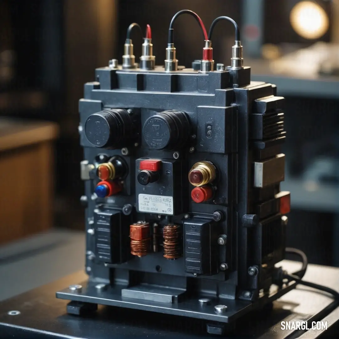 An intricate machine filled with wires and knobs stands as a testament to engineering marvels, accompanied by a glowing circuit box. The vibrant colors invite curiosity into its complex workings.