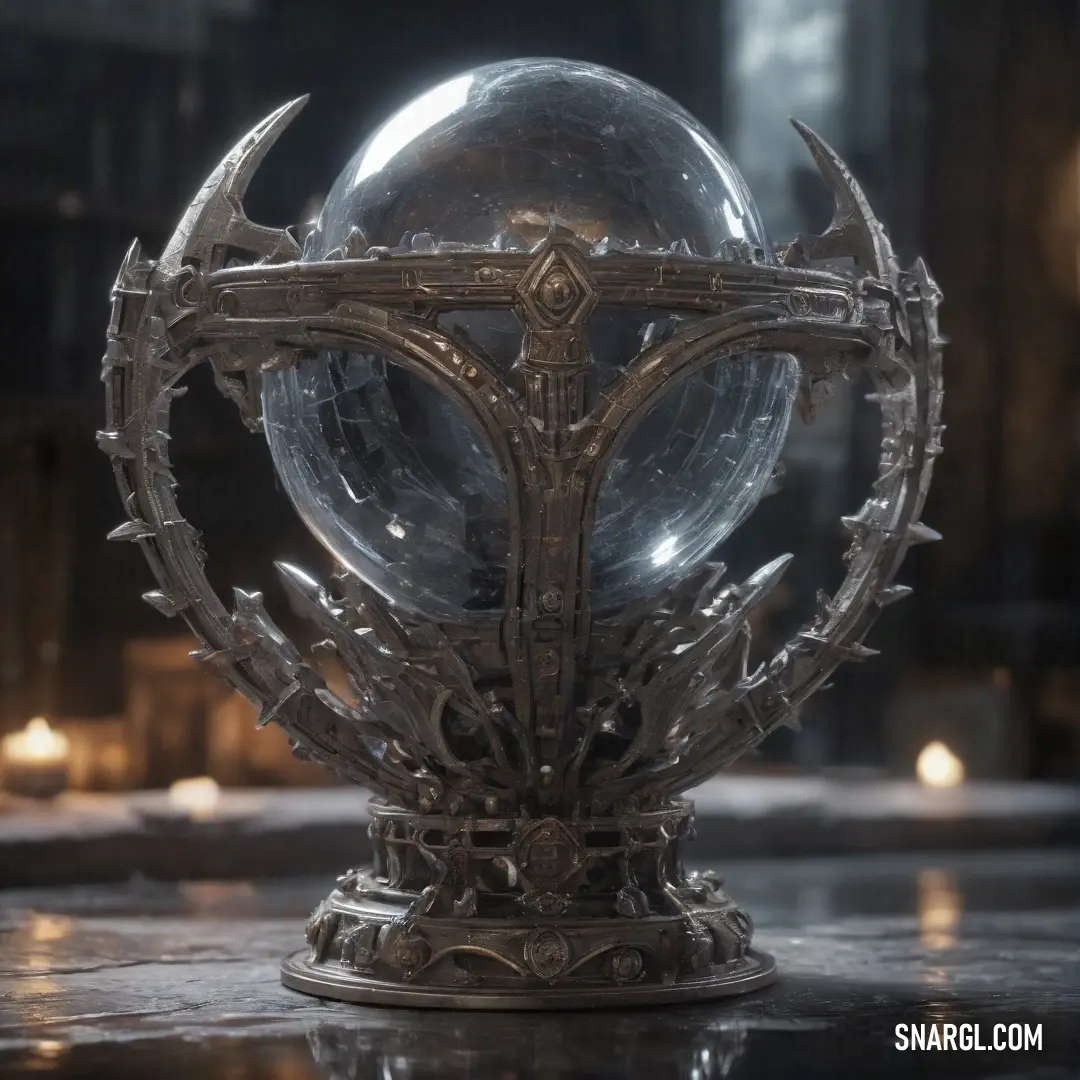 A mystical crystal ball resting in a metal frame, with a large, intriguing metallic object at its center, surrounded by glowing candles casting soft, flickering light. The scene evokes a sense of mystery and ancient energy.