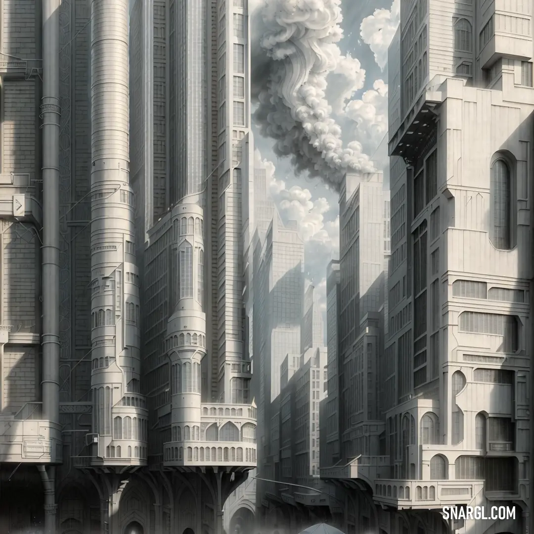 A vibrant cityscape painted in broad strokes, showcasing tall buildings stretching into the sky, with a person holding an umbrella in front of a factory with a tall smoke stack, suggesting a mix of urban life and industrial power.