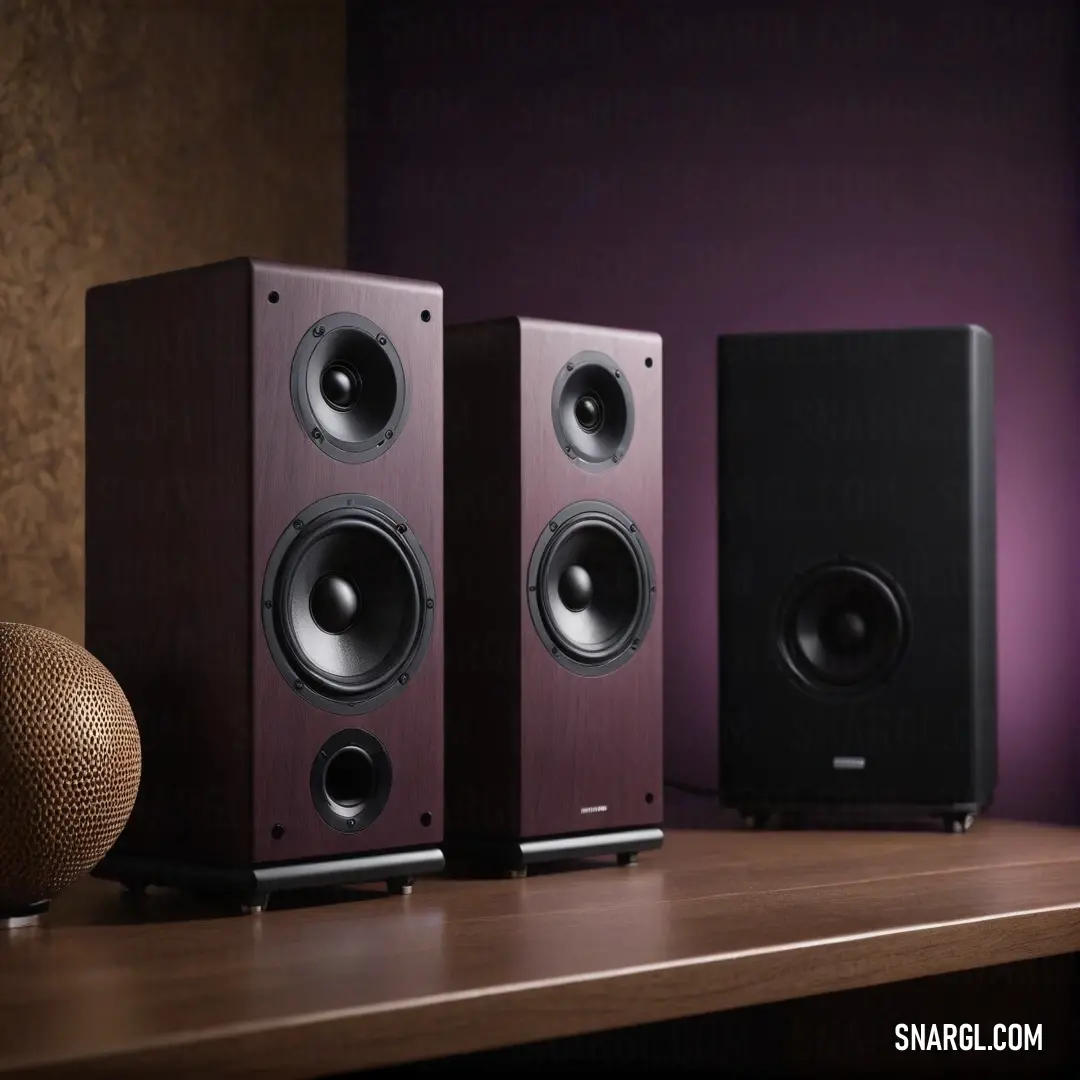 Two stylish speakers rest elegantly on a rustic wooden table, accompanied by a delicate vase. The harmonious arrangement adds character to any room while showcasing a delightful blend of modern and natural elements.