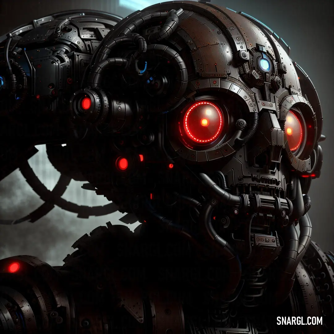 A robot with glowing eyes and a red light on its face, frozen in a moment of contemplation, set against a muted background.