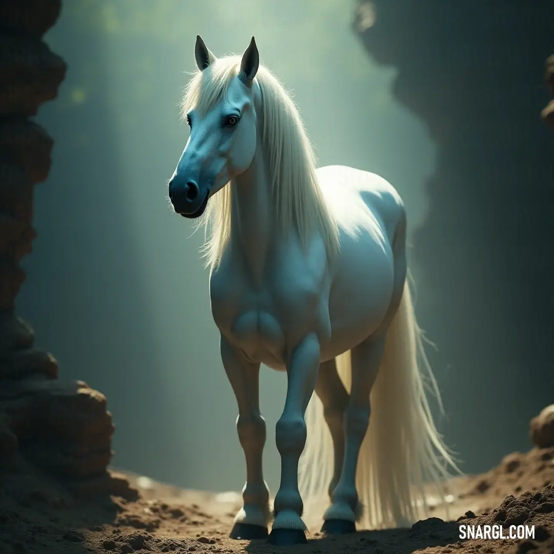 A stunning white horse graces a rocky landscape, illuminated by soft light that highlights its elegant features and gentle demeanor, embodying grace and beauty in nature.