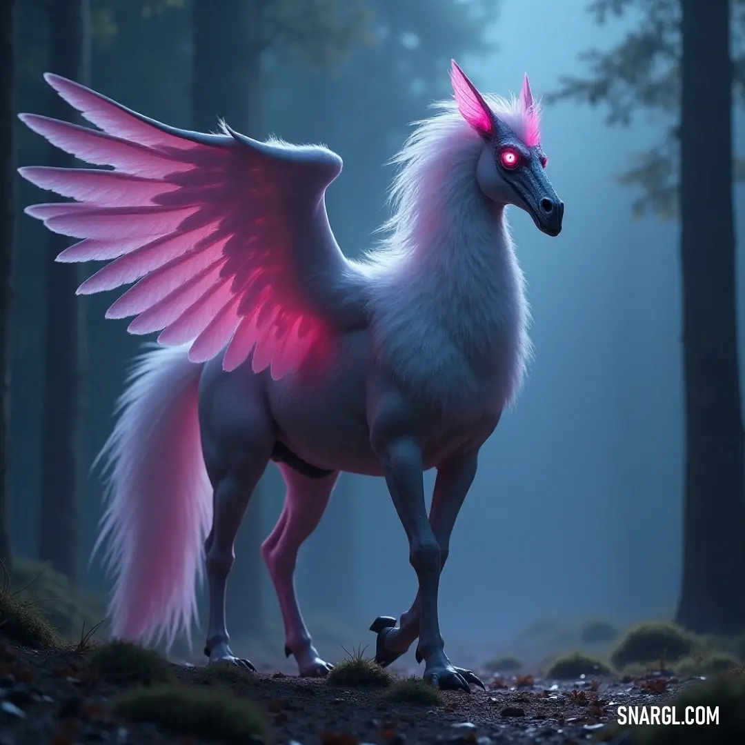 A dreamy night scene featuring a white horse with pink wings standing in a mystical forest, illuminated gently, creating an enchanting and ethereal atmosphere.