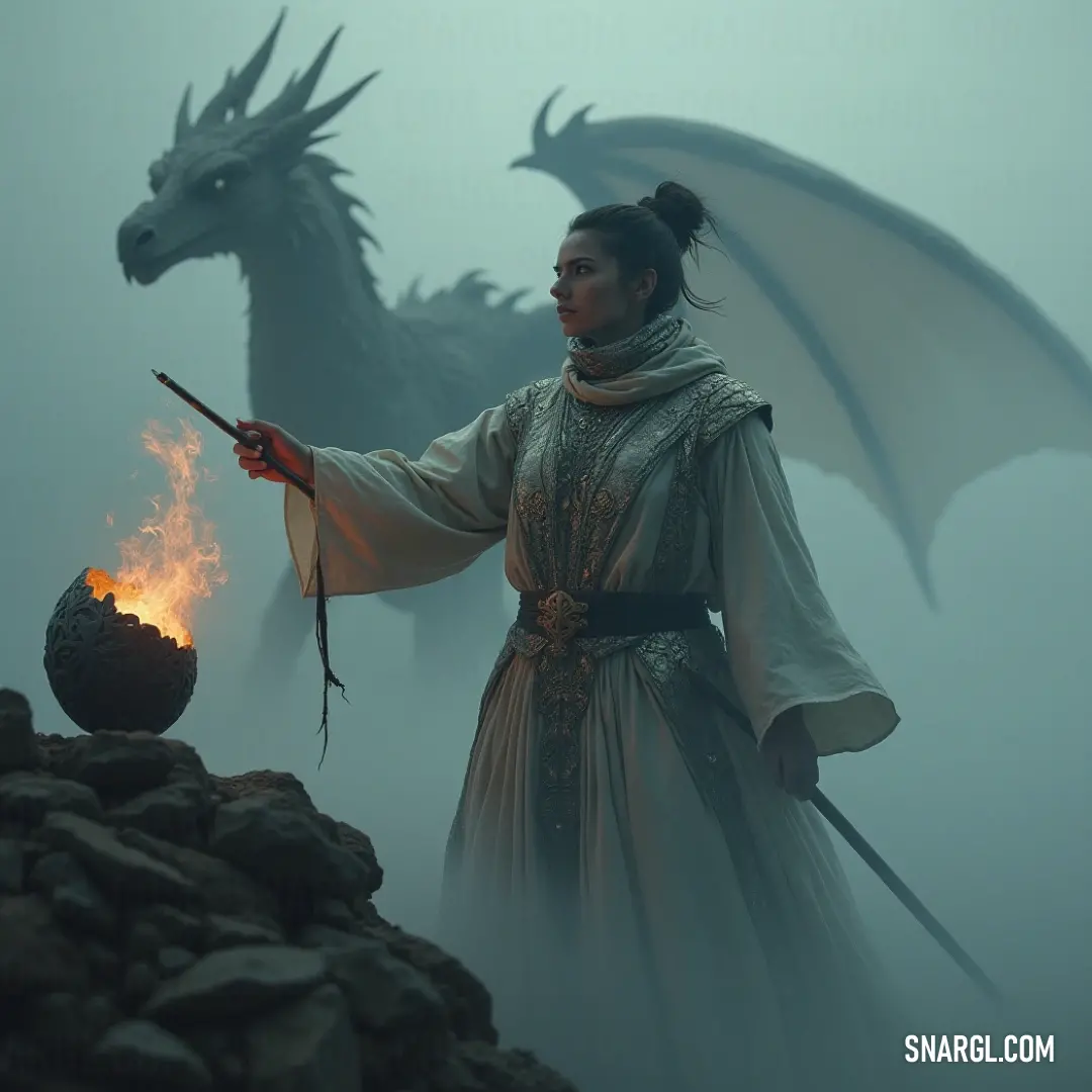 A fierce woman stands beside a dragon statue, clutching a stick and a flame, the fire casting dynamic shadows across rocky terrain. Her rich RGB 112,66,65 colors blend with the earthy elements, embodying strength and mystery.