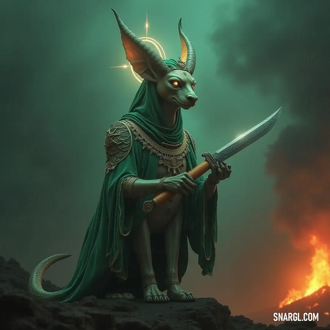 A striking demon in a dark, battle-ready outfit stands defiantly on a rocky ledge, wielding a sword while engulfed in the flickering light of flames in the background. The deep coffee hues give the scene a somber, yet powerful atmosphere.