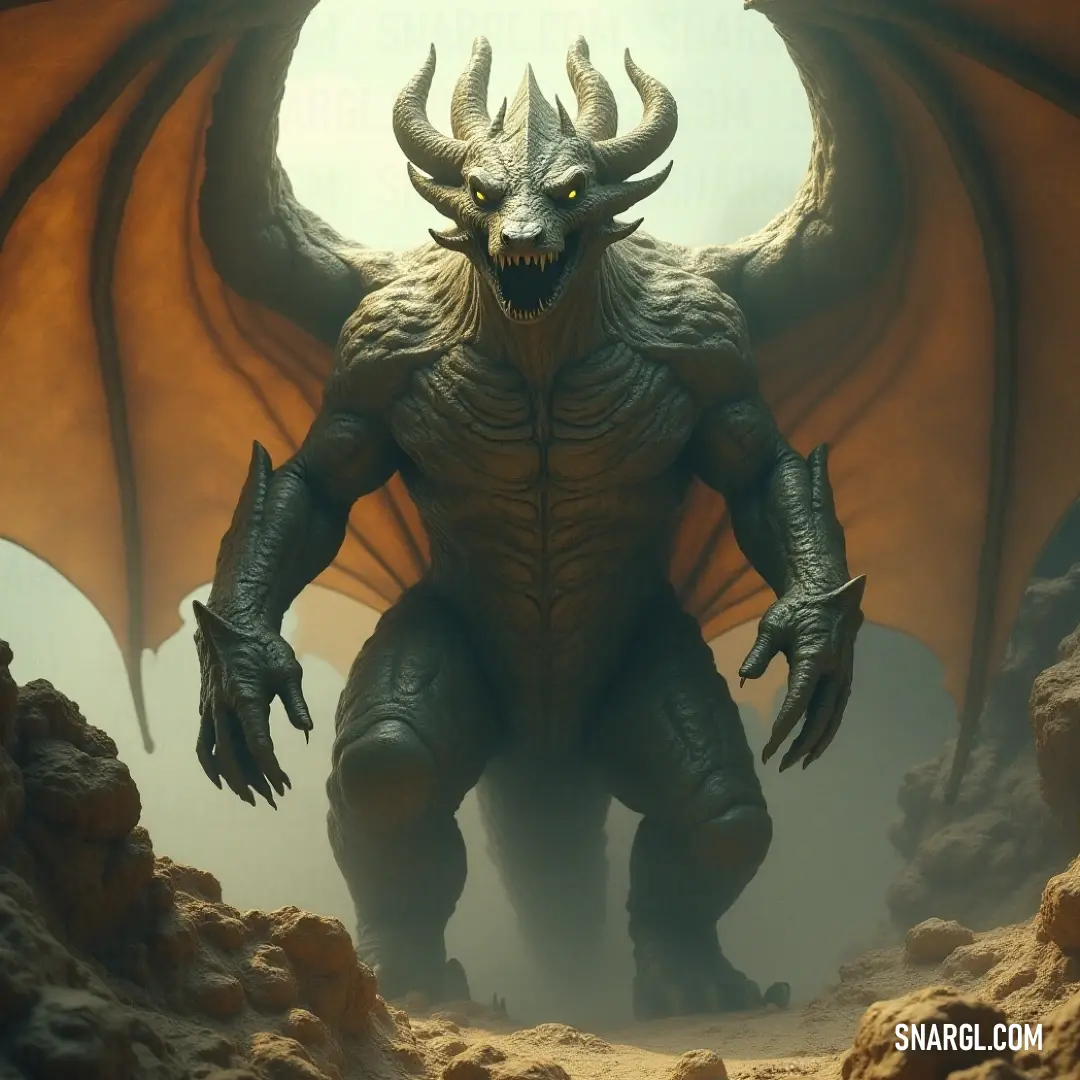 A magnificent giant dragon with enormous horns perches majestically in a rocky cave, its powerful form symbolizing strength and raw power. The cavern's dark textures contrast beautifully with the fierce nature of this ancient creature.