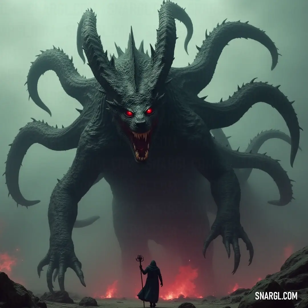 A colossal monster with fiery red eyes towers beside a lone man dressed for battle in a misty landscape. The man grips a sword tightly, showcasing determination amidst an eerie, fog-laden backdrop of adventure and peril.