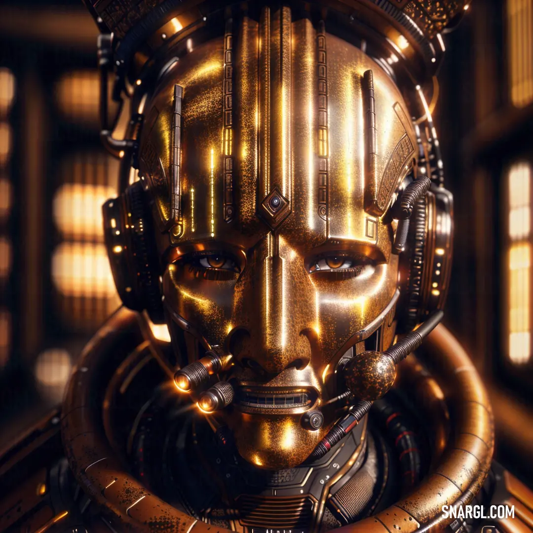 A majestic golden robot wearing a crown and a shiny chain around its neck, standing tall in an otherworldly setting. The warm metallic sheen contrasts beautifully with the deep colors surrounding it.