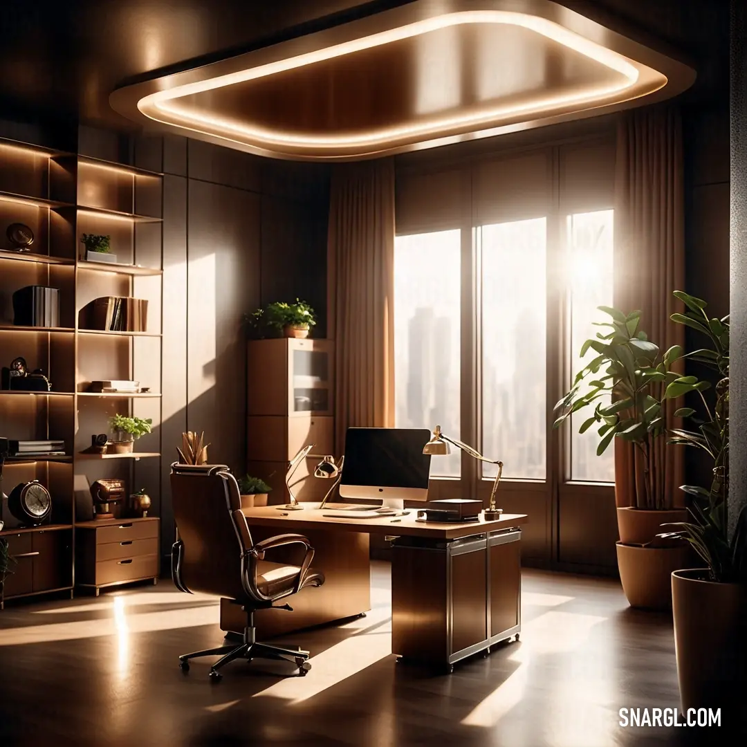 Deep coffee color. Home office with a desk and a plant in the corner of the room
