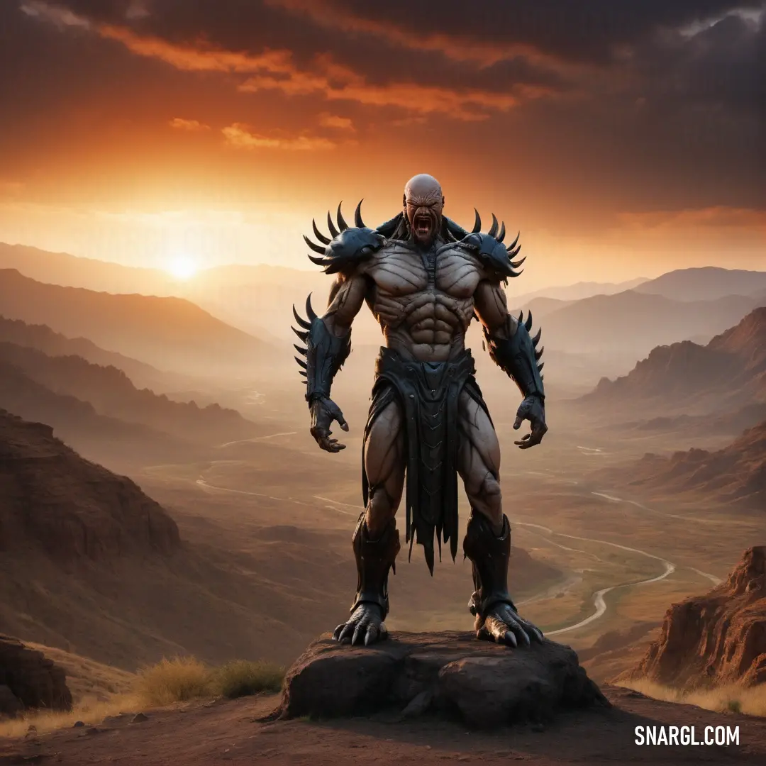 Man with a massive body and horns standing on a rock in the desert at sunset with a mountain range in the background