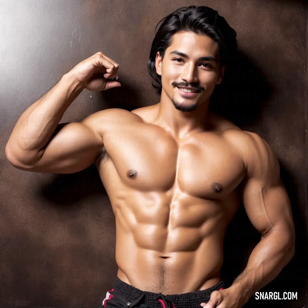 A man with a mustache poses shirtless, his arm raised confidently. The deep coffee tones of the scene add to the boldness of his stance and presence.