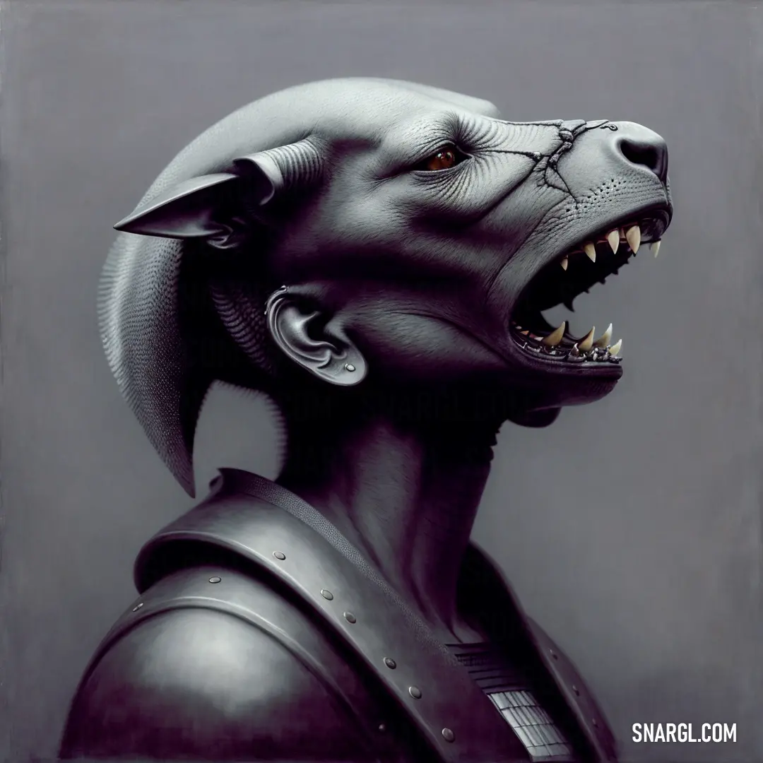 A deep coffee-colored painting depicts a fierce dog wearing a helmet, its sharp teeth bared. The rich, dark hues of the painting highlight the intensity and power of the subject.